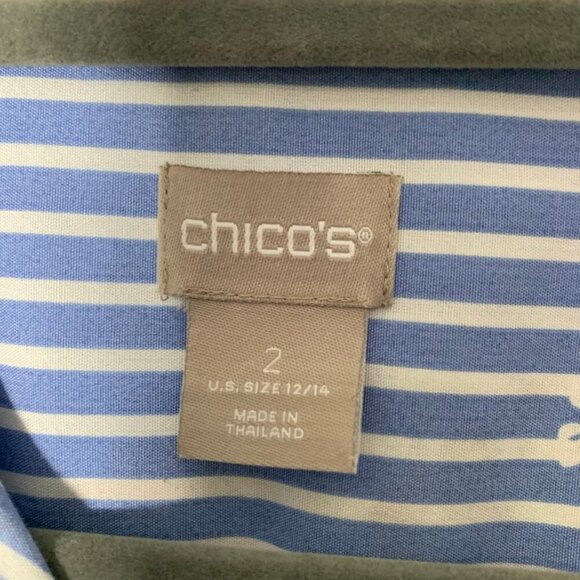 Chicos No Iron Blue White Striped Floral Button Down Shirt Womens Size 2 12/14 - Picture 6 of 10
